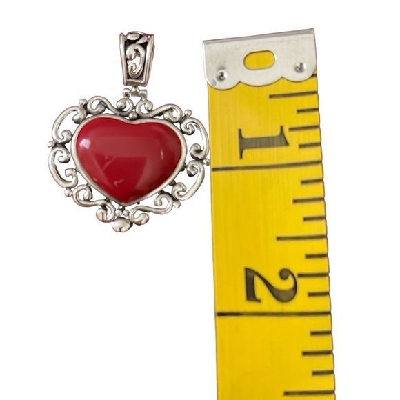 Antique 925 Silver Scrollwork Red Enamel Cabochon‎ Heart Pendant — See Pics! - Picture 4 of 8
